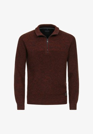 Pullover sweater in dark red and black speckled knit, features a zip collar, ribbed texture on shoulders, and a small logo label on the hem.