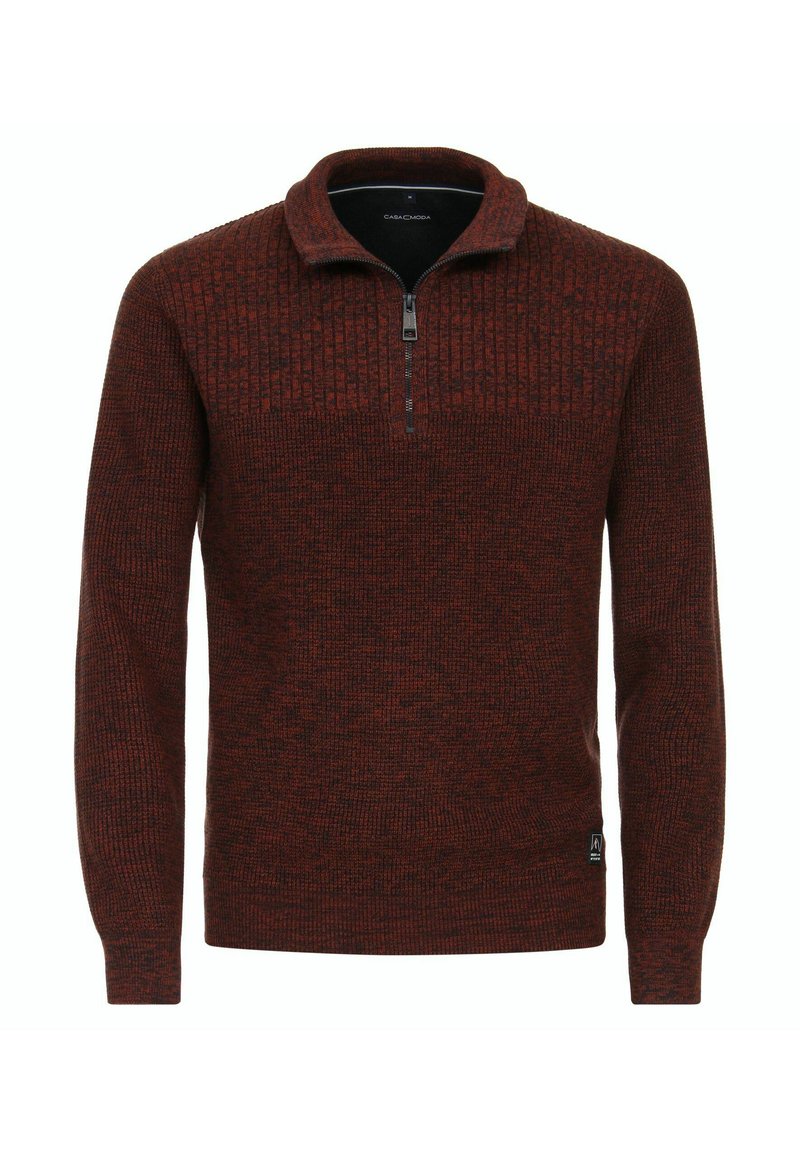 Pullover-Sweater in dunkelrot mit schwarzen Sprenkeln, verfügt über einen Reißverschlusskragen, gerippte Textur an den Schultern und ein kleines Logo-Label am Saum.