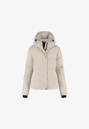Lichtbeige gewatteerde winterjas met capuchon, rits aan de voorkant en drukknoopsluiting, en zwarte binnenmanchetten.