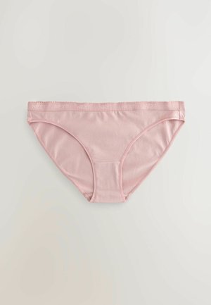 Braguitas de bikini de algodón rosa con una textura suave, que cuentan con una cinturilla elástica grabada con el nombre de la marca "NEXT."
