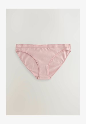 Roze katoenen bikini slipjes met een gladde textuur, voorzien van een elastische tailleband met de merknaam "NEXT" in reliëf.