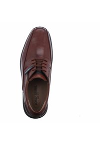 Braune Leder Schnürschuhe mit runder Zehenform, genähten Details, gepolsteter Innensohle und einer glatten, glänzenden Oberfläche. Verfügt über eine flexible Sohle.