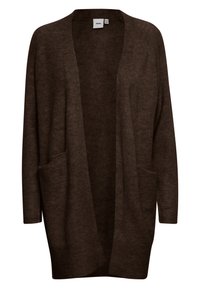 Cardigan marrón de apertura frontal hecho de tejido suave, con mangas largas, dos bolsillos frontales y un ajuste relajado.