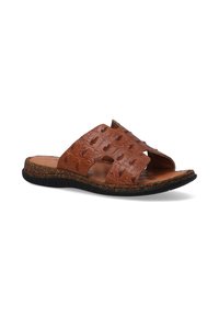 Bruine leren schuifsandalen met een gestructureerd, uitgesneden bovenwerk en een gevoerde inlegzool. Voorzien van een flexibele zwarte rubberen zool.