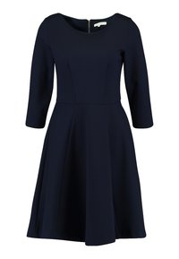 Granatowa sukienka A-line z okrągłym dekoltem, rękawami do trzech ćwiartek i zapięciem na zamek z tyłu. Gładka faktura i dopasowany gorset.