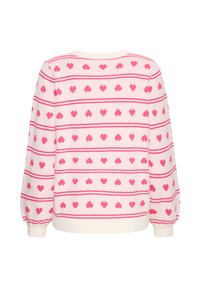 Sweat-shirt rose avec un motif de cœurs et des rayures horizontales. Confectionné en matériau doux avec des poignets et un ourlet côtelés. Vue de dos présentée.