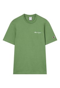 Zielona koszulka z krótkim rękawem typu crewneck z białym logo "Champion" na klatce piersiowej oraz małym emblematem Champion na lewym rękawie.