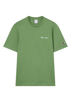 Grünes Kurzarm-T-Shirt mit Rundhalsausschnitt und weißem "Champion"-Logo auf der Brust sowie kleinem Champion-Symbol auf dem linken Ärmel.