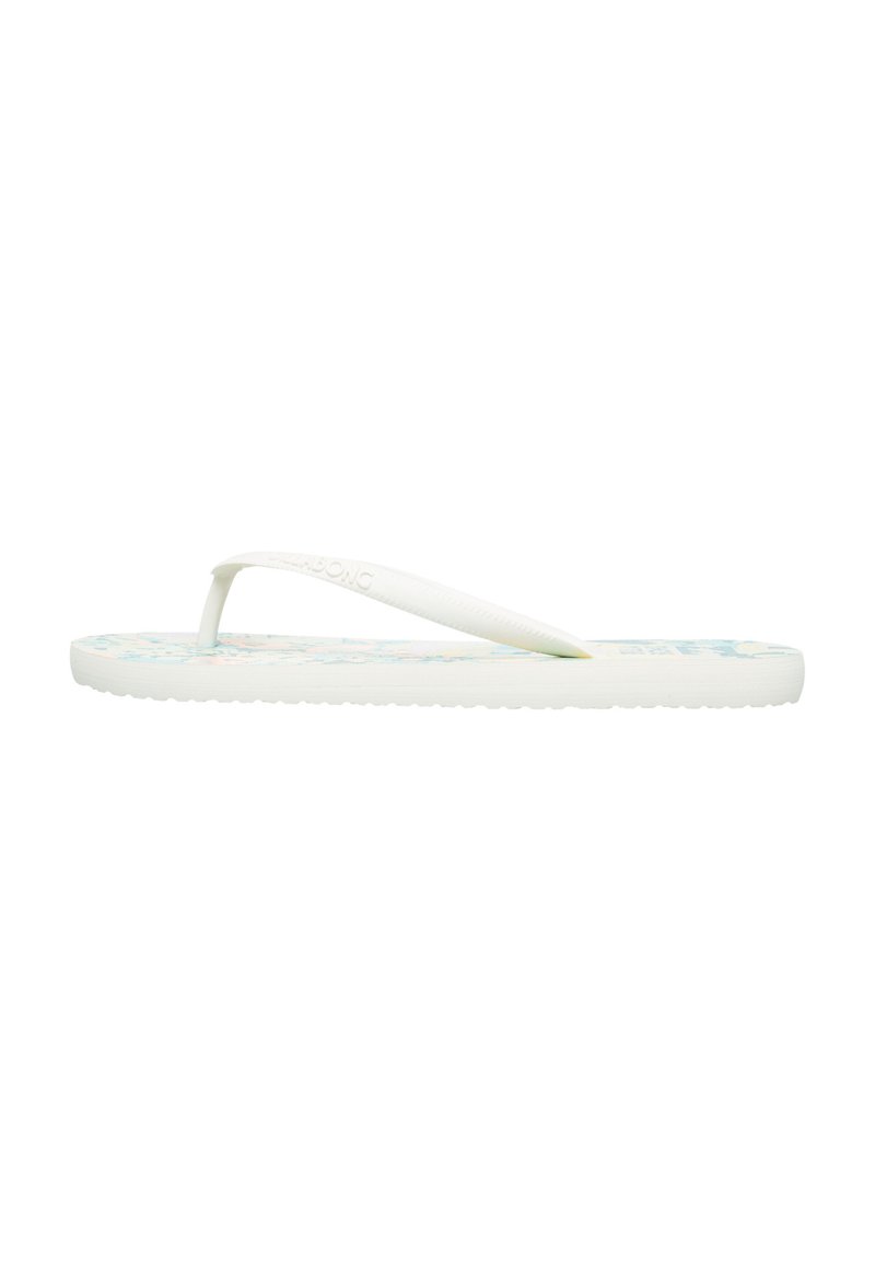White flip-flop with textured sole, featuring a multicolored pattern on the footbed and a thin, flexible strap for easy wear.