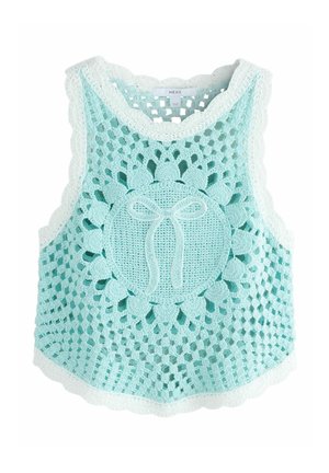 Világoskék horgolt ujjatlan felső fehér szegéllyel, virágmintával és masni részlettel az elülső középen.