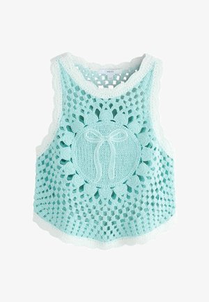 Világoskék horgolt ujjatlan felső fehér szegéllyel, virágmintával és masni részlettel az elülső középen.