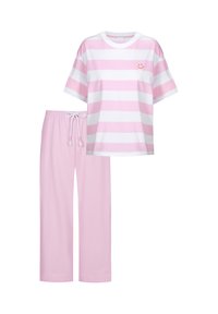 Gestreiftes Pyjama-Set in Pink und Weiß mit einem Kurzarmoberteil mit rundem Hals und einem Smiley-Logo, kombiniert mit einfarbigen pinken Hosen mit Kordelzug.