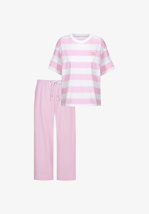 Ensemble de pyjama rayé rose et blanc comprenant un haut à manches courtes avec un col rond et un logo souriant, associé à un pantalon uni rose avec cordon de serrage.