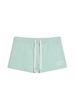 Svetlomodré plavkové šortky s bielymi šnúrkami na zaväzovanie a textom "Venice Beach 1985 California" v dolnej pravej časti.