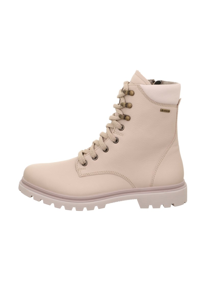 Stivaletti alla caviglia in pelle beige con punta arrotondata, chiusura frontale con lacci, occhielli in metallo e suola in gomma texturizzata. Presentano un colletto superiore imbottito.