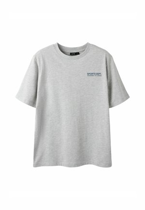 Gray short-sleeve t-shirt made of soft fabric. Features a crew neckline and a small blue "SPORTS DEPT." print on the left chest.