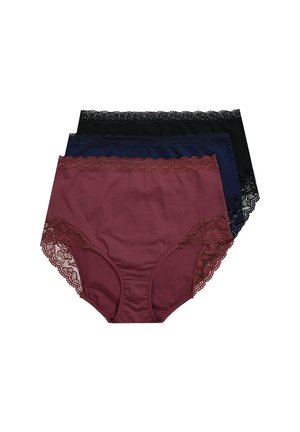 Drie paar vrouwenonderbroeken in kastanjebruin, marineblauw en zwart, met fijne kantafwerking langs de tailleband en beenopeningen.