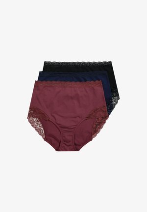 Trois paires de culottes pour femmes en bordeaux, bleu marine et noir, avec de délicates bordures en dentelle le long de la taille et des ouvertures de jambes.