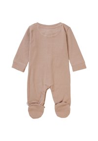 Rippstrick beige Babystrampler mit langen Ärmeln, rundem Halsausschnitt und Füßchen. Für Komfort entworfen mit weichem, dehnbarem Stoff.