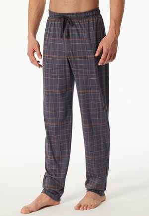 Men's navy plaid pajama pants, with orange grid lines. Features an elastic waistband and drawstring, made of soft fabric.