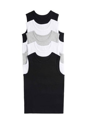 Fem ærmeløse tanktops stablet i sort, hvid og grå farver, arrangeret i skiftevis rækkefølge på en hvid baggrund.
