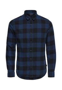 Męska koszula na długi rękaw z dużym niebiesko-czarnym wzorem w kratę, klasycznym kołnierzykiem i zaokrąglonym dołem.