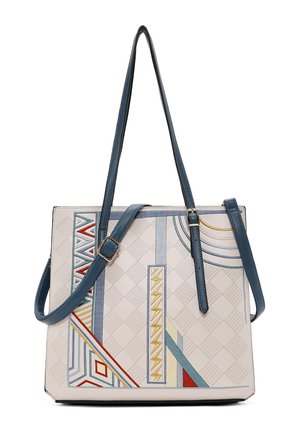 Crèmekleurige draagtas met blauwe verstelbare bandjes en geometrische patronen in rood, geel en blauw.