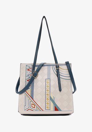 Crèmekleurige draagtas met blauwe verstelbare bandjes en geometrische patronen in rood, geel en blauw.