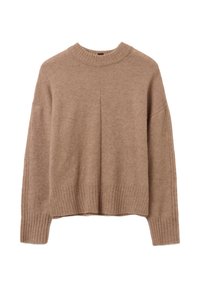 Beige Wollpullover mit geripptem Rundhalsausschnitt, Bündchen und Saum, mit langen Ärmeln und lockerer Passform.
