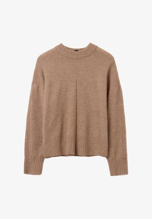 Beige Wollpullover mit geripptem Rundhalsausschnitt, Bündchen und Saum, mit langen Ärmeln und lockerer Passform.
