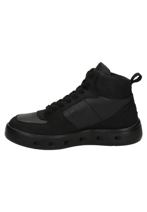 Black high-top sneaker featuring a combination of smooth and textured materials, lace-up front, and a patterned sole with ventilation holes.
