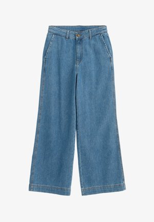 Wijde blauwe denim broek met knoopsluiting, riemlussen en voorzakken, met een gladde, gestructureerde afwerking.