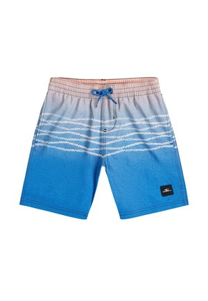 Modré a sivé plavkové šortky s prechodovým efektom, s opakujúcimi sa bielymi pruhmi s logom "O'Neill", modré šnúrky v páse a čierna nášivka značky na nohavici.