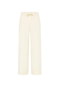 Cream wide-leg pants with a drawstring waist, made from soft fabric. Features a smooth texture and straight cut legs. No visible patterns.