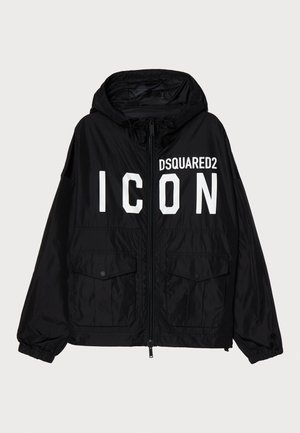 Mustaidest tuULEJK, millel on kapuuts, esiküljel valge "DSQUARED2 ICON" tekst, kaks esikot ja elastsete mansettidega varrukad.
