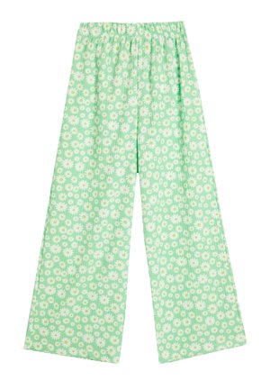 Hellgrüne weite Hosen mit einem floralen Muster aus kleinen weißen Gänseblümchen und grünen Akzenten. Elastischer Bund für Komfort.