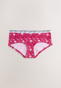Culottes hipster rouges pour femmes avec une ceinture élastique blanche répétant le logo de la marque "NEXT" et un motif de petites icônes décoratives.