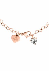 Halskette aus Roségold mit einem herzförmigen klaren Kristallanhänger und einem Herzanhänger, der mit "PURELEI" graviert ist.