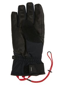 Svart läderhandske med texturerad palm och mjuk svart tyg på baksidan. Har elastiskt manschett, justerbart rem och röd accentdragning.