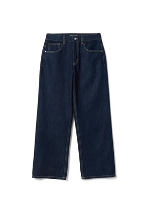 Vaqueros de mezclilla azul oscuro de pierna ancha con bolsillos delanteros, cierre de botón y costuras visibles en color beige a lo largo de las costuras y bordes.