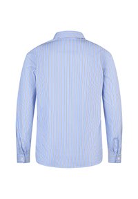 Light blue long-sleeve shirt with white and brown vertical stripes shown from the back on a white background.