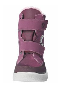Zapatilla alta morada con forro suave rosa y correas de Velcro, hecha de material sintético liso y suela blanca de goma texturizada.