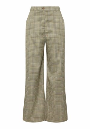 Grüne und beige karierte Weitbein-Hosen mit hoher Taille, die einen einzelnen Knopfverschluss und einen glatten, strukturierten Stoff aufweisen.