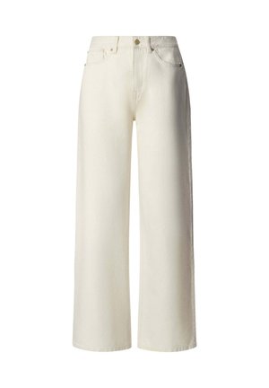 Off-white wijde jeans met steekzakken aan de voorkant, riemlussen en een knoopsluiting, afgebeeld op een witte achtergrond.