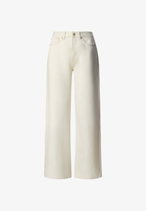 Široke hlače iz džinsa v barvi slonokoščene bele z sprednjimi žepi, zankami za pas in zapiranjem na gumb, prikazane na belem ozadju.
