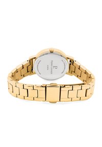 Reloj de acero inoxidable dorado con una caja redonda, pulsera de eslabones metálicos y un fondo liso y plano que muestra detalles de la marca y la resistencia al agua.