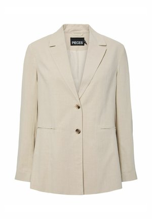 Blazer beige ajusté avec revers crantés, deux boutons, manches longues et deux poches passepoilées devant.