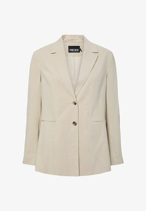 Beige op maat gemaakte blazer met inlegkraag, twee knopen, lange mouwen en twee voorspelzakken.