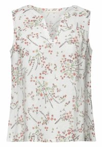 Blouse blanche sans manches avec un col en V et un petit imprimé floral dispersé dans des tons rose, vert et jaune clair.