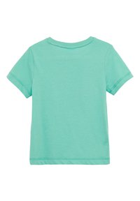 T-shirt z krótkim rękawem i okrągłym dekoltem w jasnym miętowym kolorze z gładkiej bawełny, z widocznymi szwami wzdłuż brzegów i rękawów.